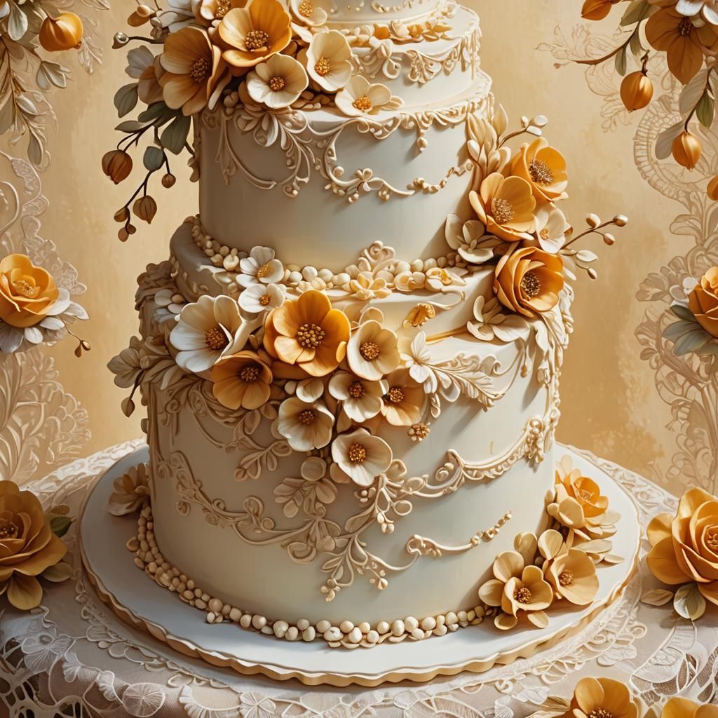 Baroque Wedding Cake with Marzipan Flowers as Oil Painting