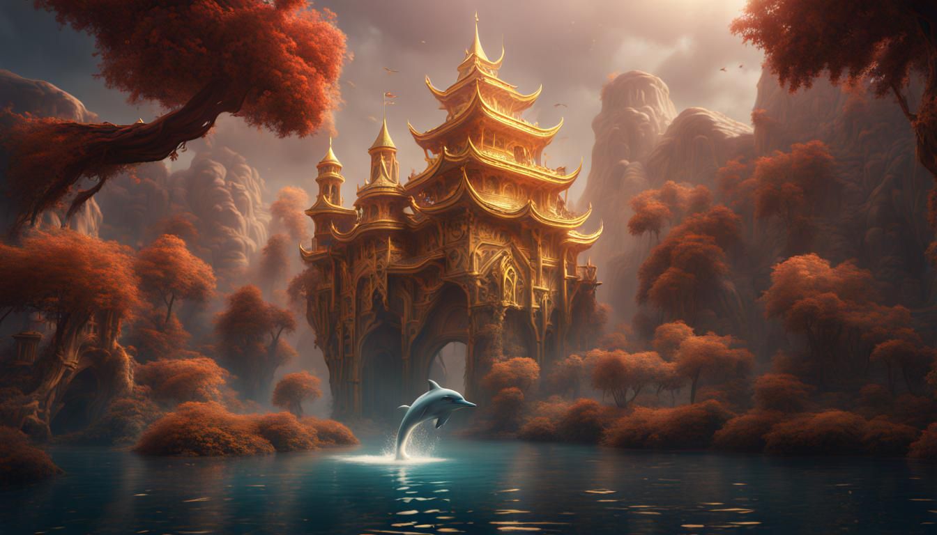 Golden Dolphins Falling in Love: Detailed Matte Painting
