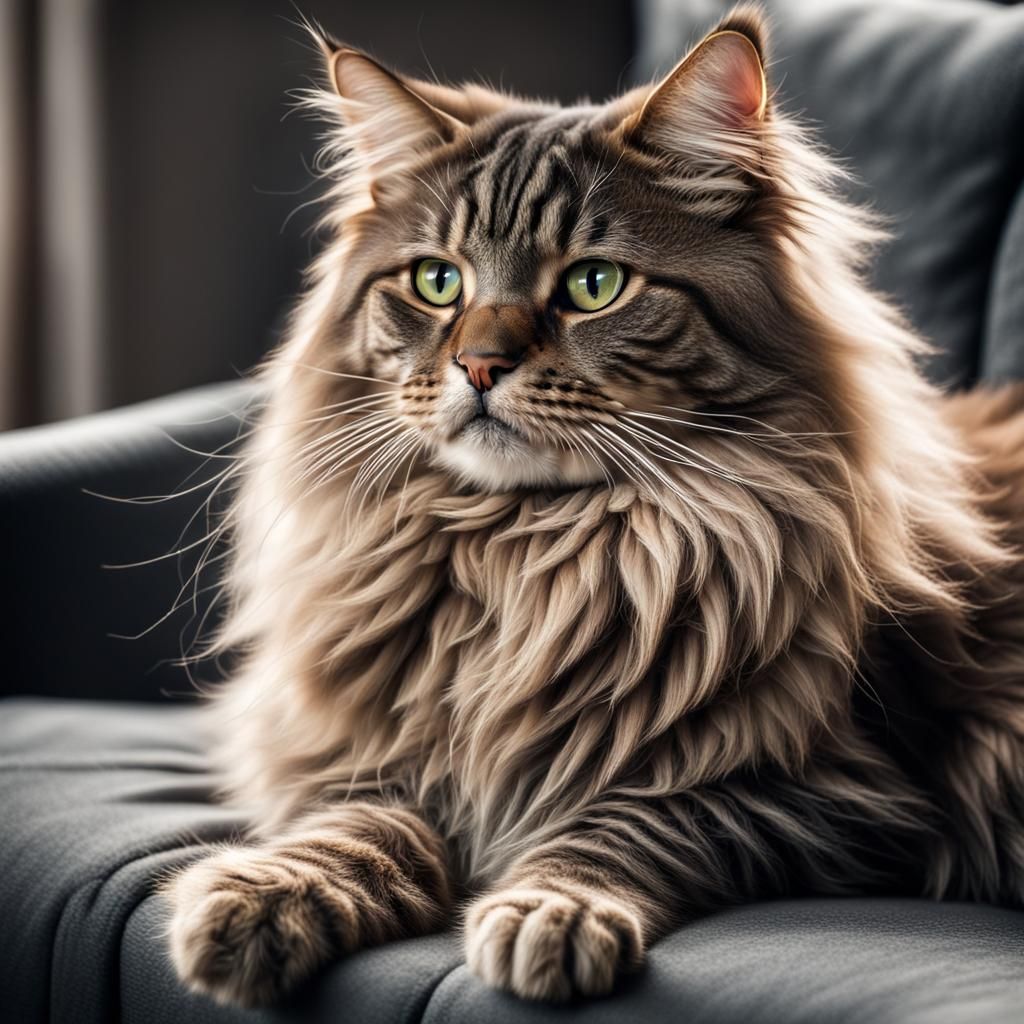 Hyperrealistic Maine Coon Cat on Fluffy Couch