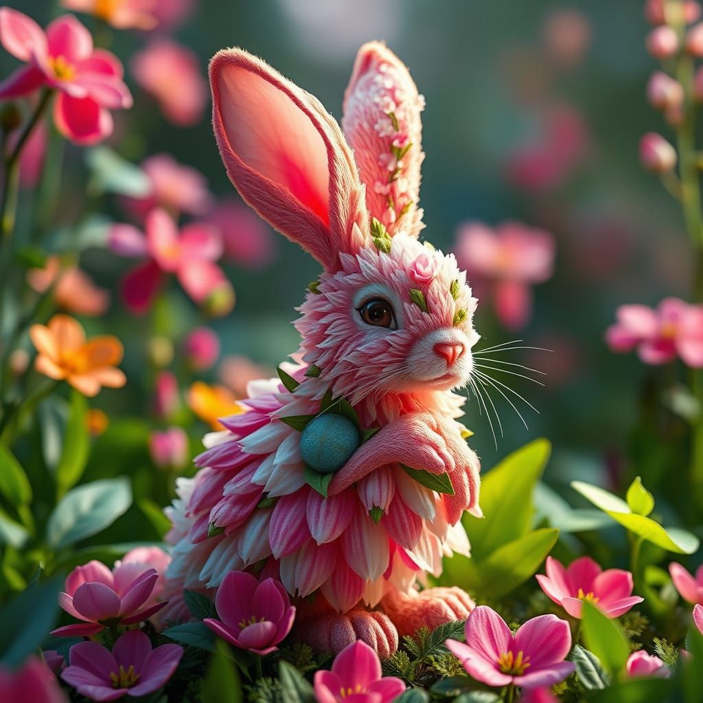 Whimsical Flower Bunny in Vibrant Dreamlike Scene