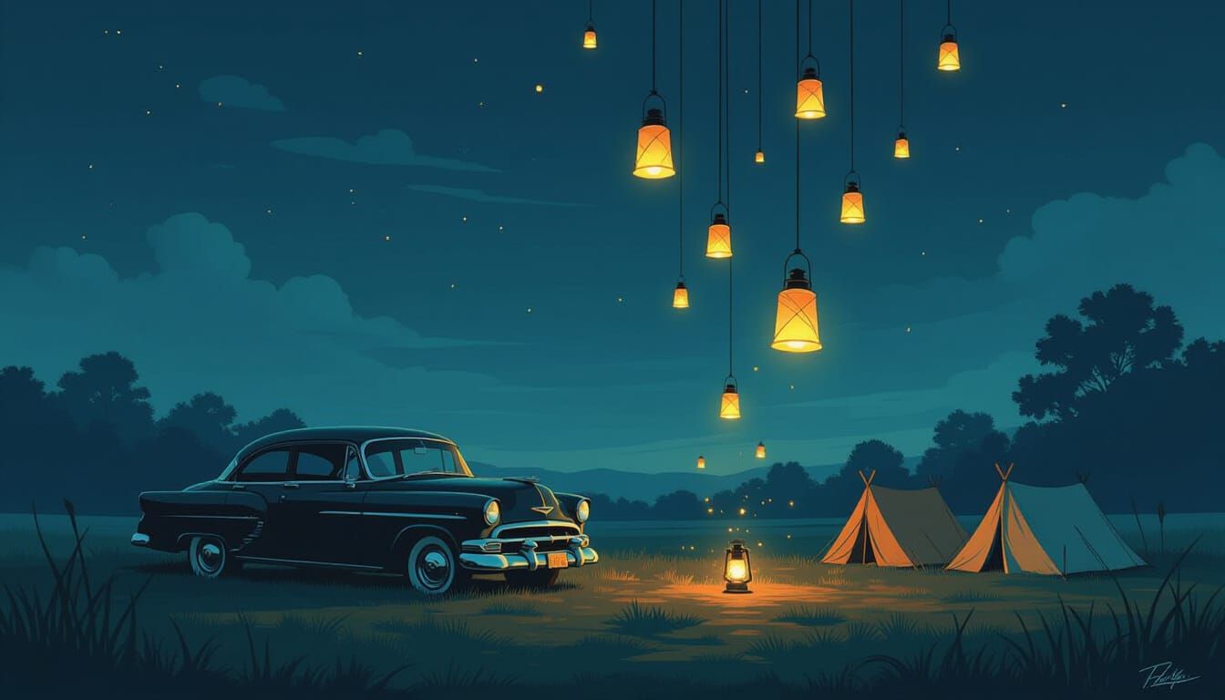 Abandoned Car and Floating Lanterns in Moody Landscape