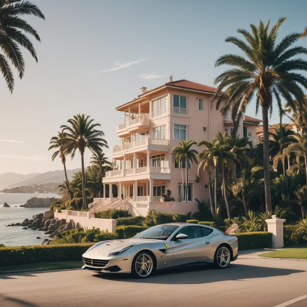 Dreamy Ocean View Home with Ferrari in Soft Focus