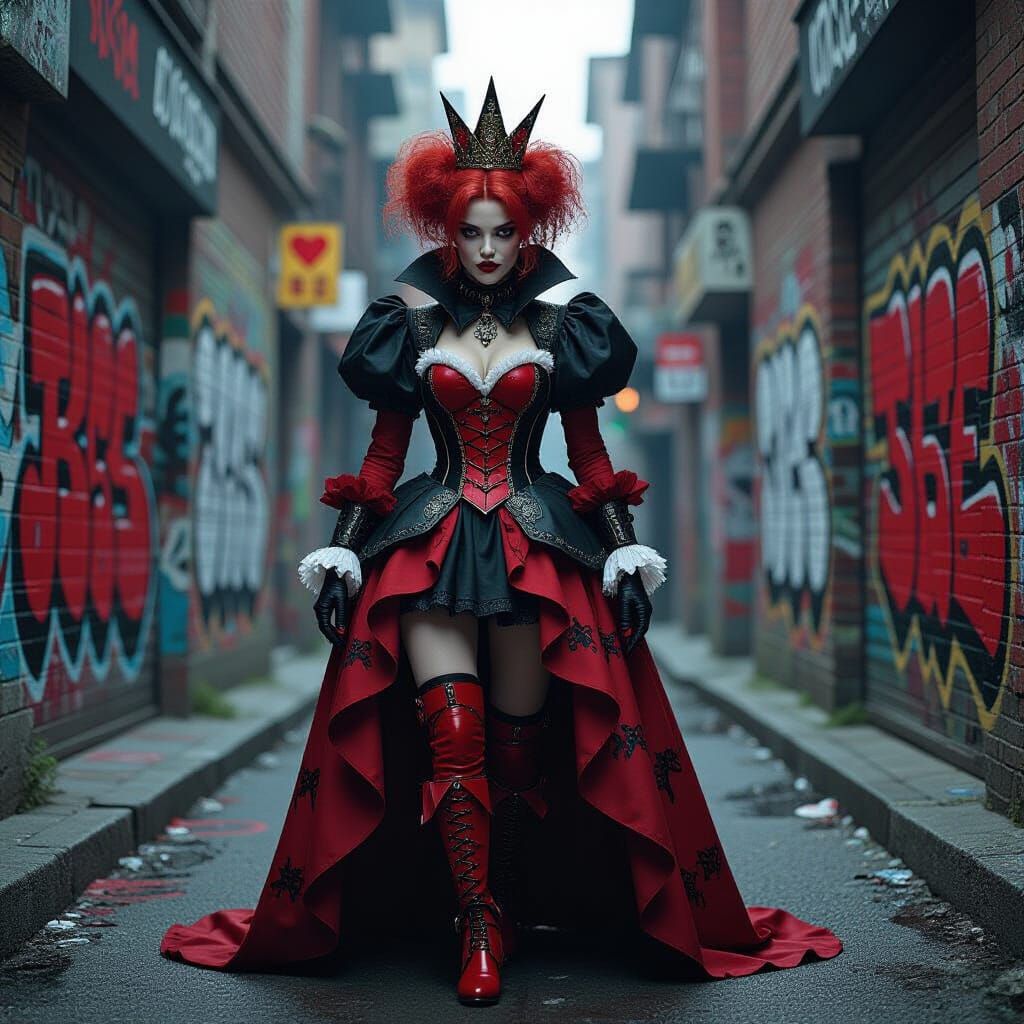 Punk Red Queen in Urban Street with Melancholy Longing