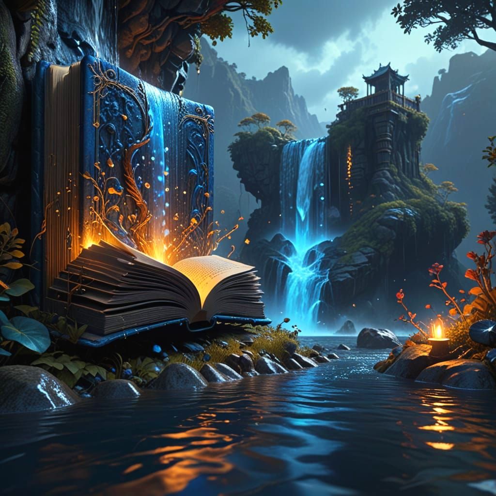 Majestic waterfall pouring from an ancient book