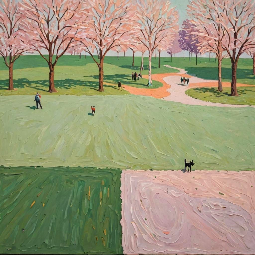 Impasto Park Scene with People and Dogs
