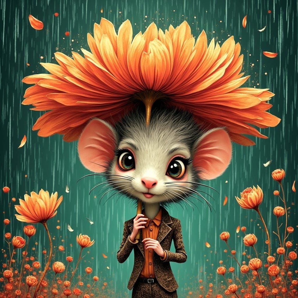 A small mouse using a flower as an umbrella.
art deco Dan Mumford Tim Burton underground comix Ukiyo-e storybook illustr...