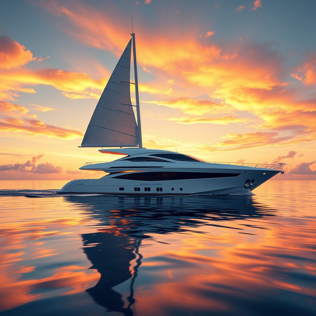 Luxury Yacht Gliding into Sunset, Impressionistic Seascape