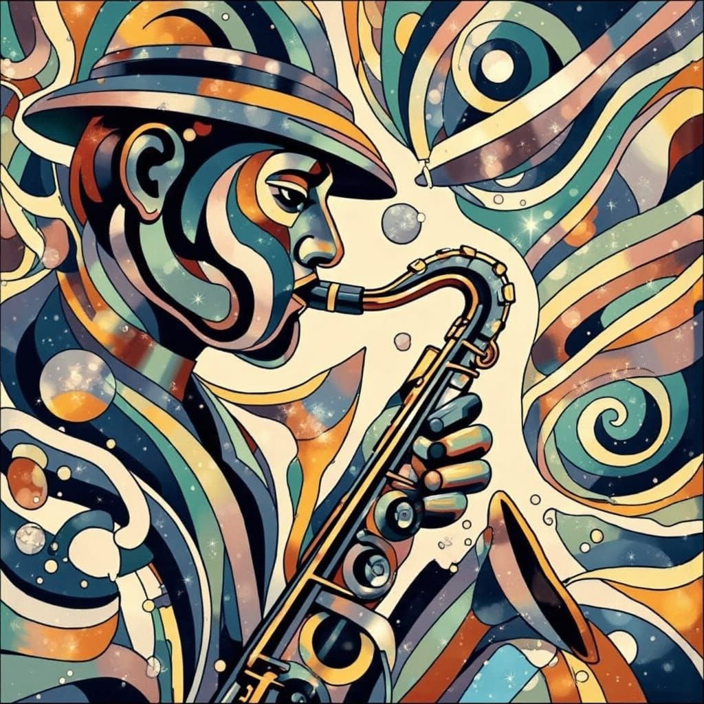 Jazz Saxophonist in Cubist Style with Vintage Vibe