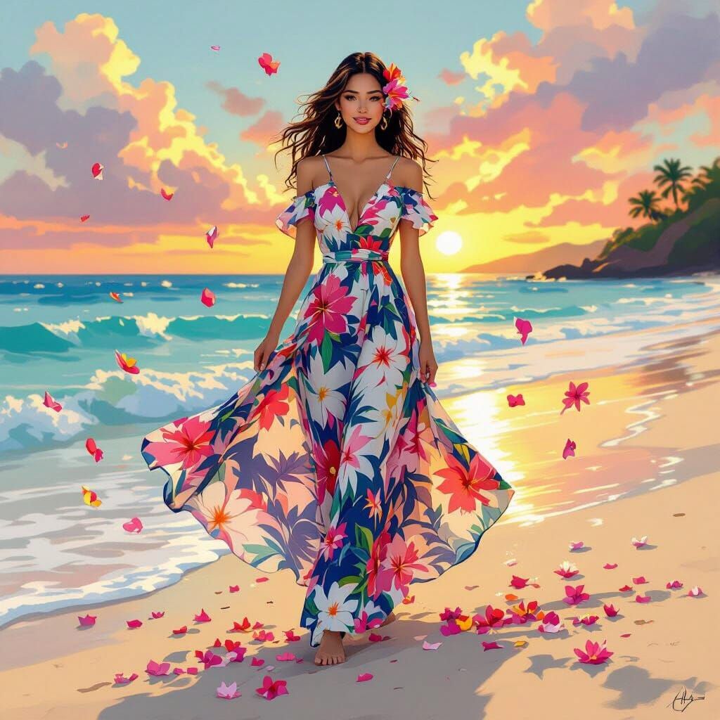 Woman in Hawaiian Dress on Beach at Sunset