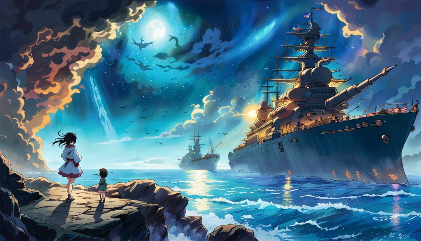 Battleship Yamato with Stargate in Ukiyo-e Style