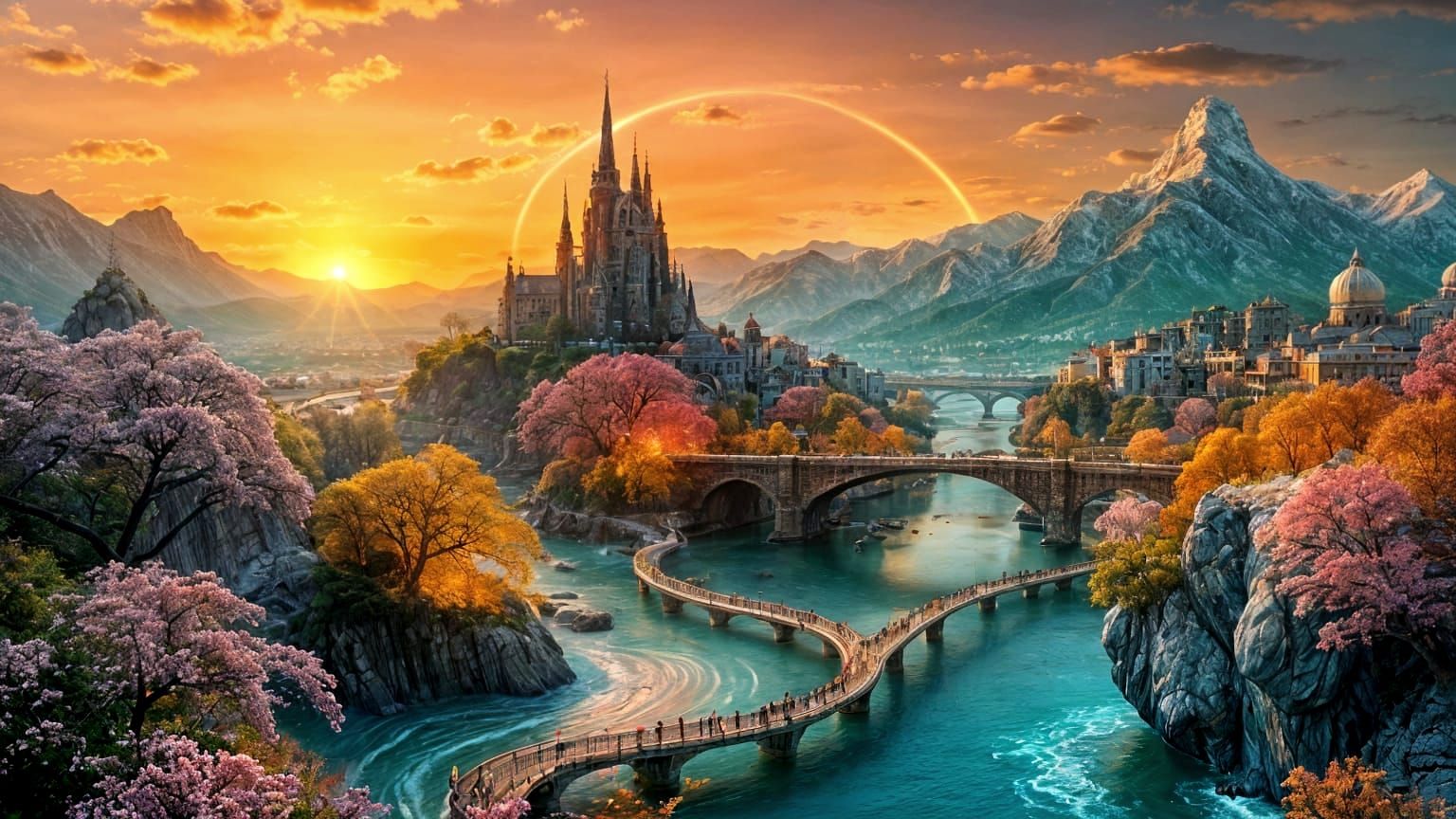 Four Seasons Merged in Golden Hour Surreal Landscape