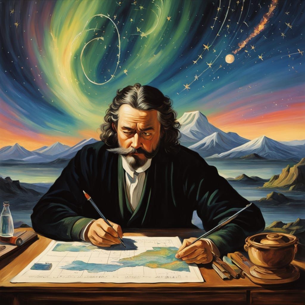 Celestial Cartographer Charts Cosmos in Oil Painting