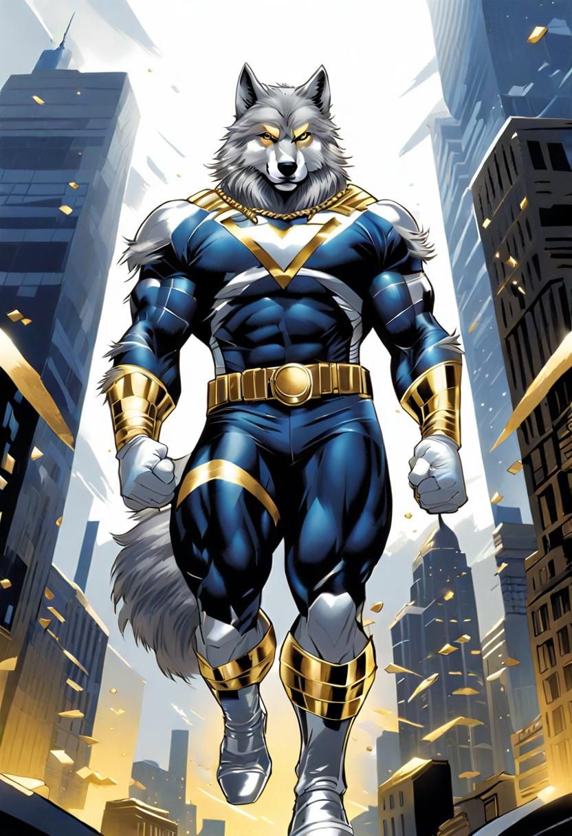 Gigantic Wolf Superhero Towers Over Megacity in Comic Art