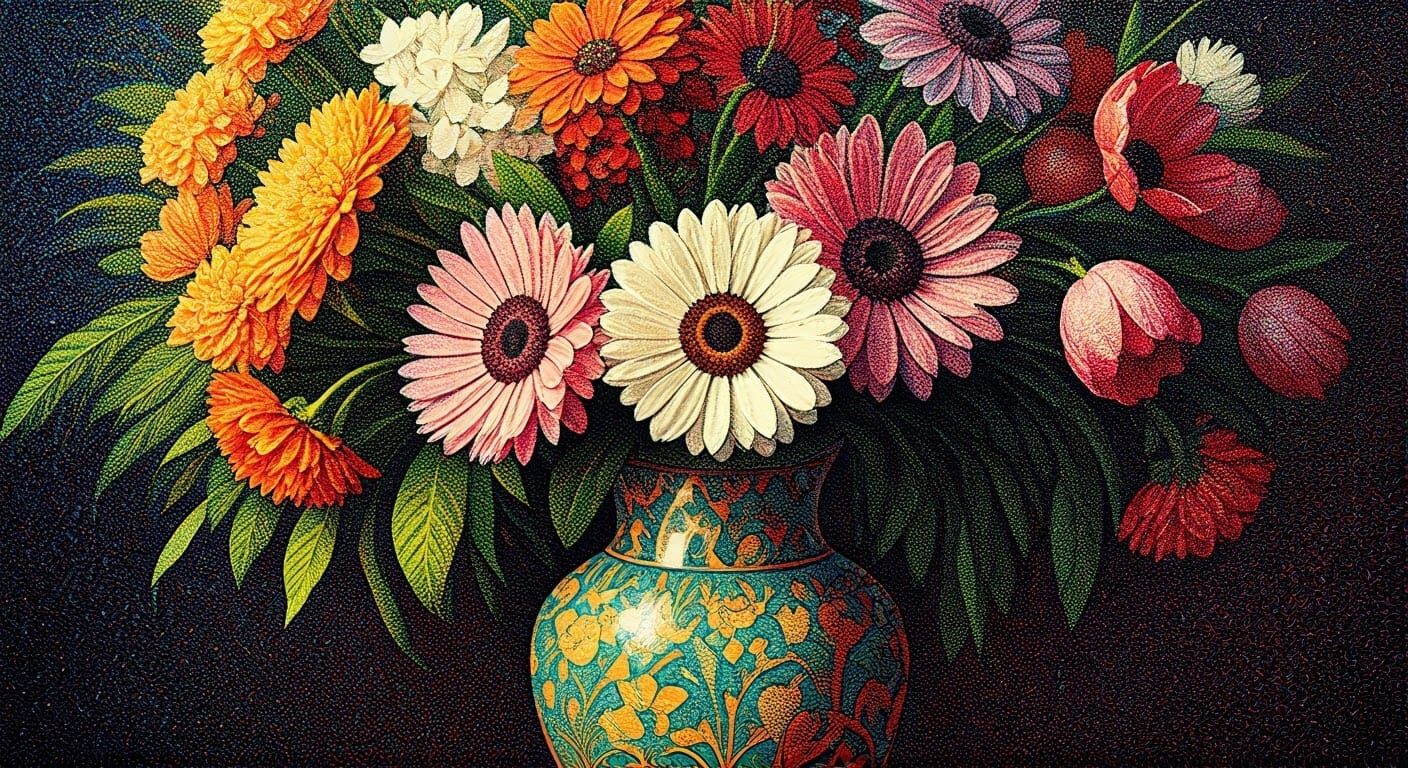 Floral Vase in Pointillist Style with Vibrant Blooms