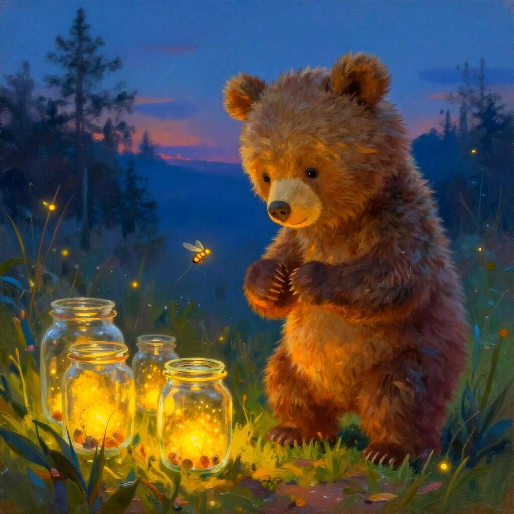 Baby Bear Catches Fireflies at Dusk Oil Painting