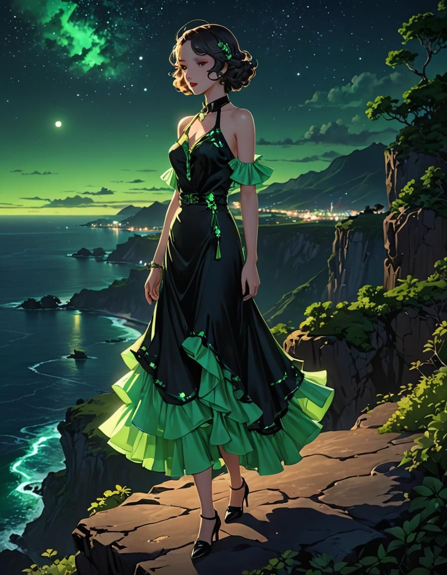 Glowing Green Dress Overlooking Ocean, in 3D Anime Art