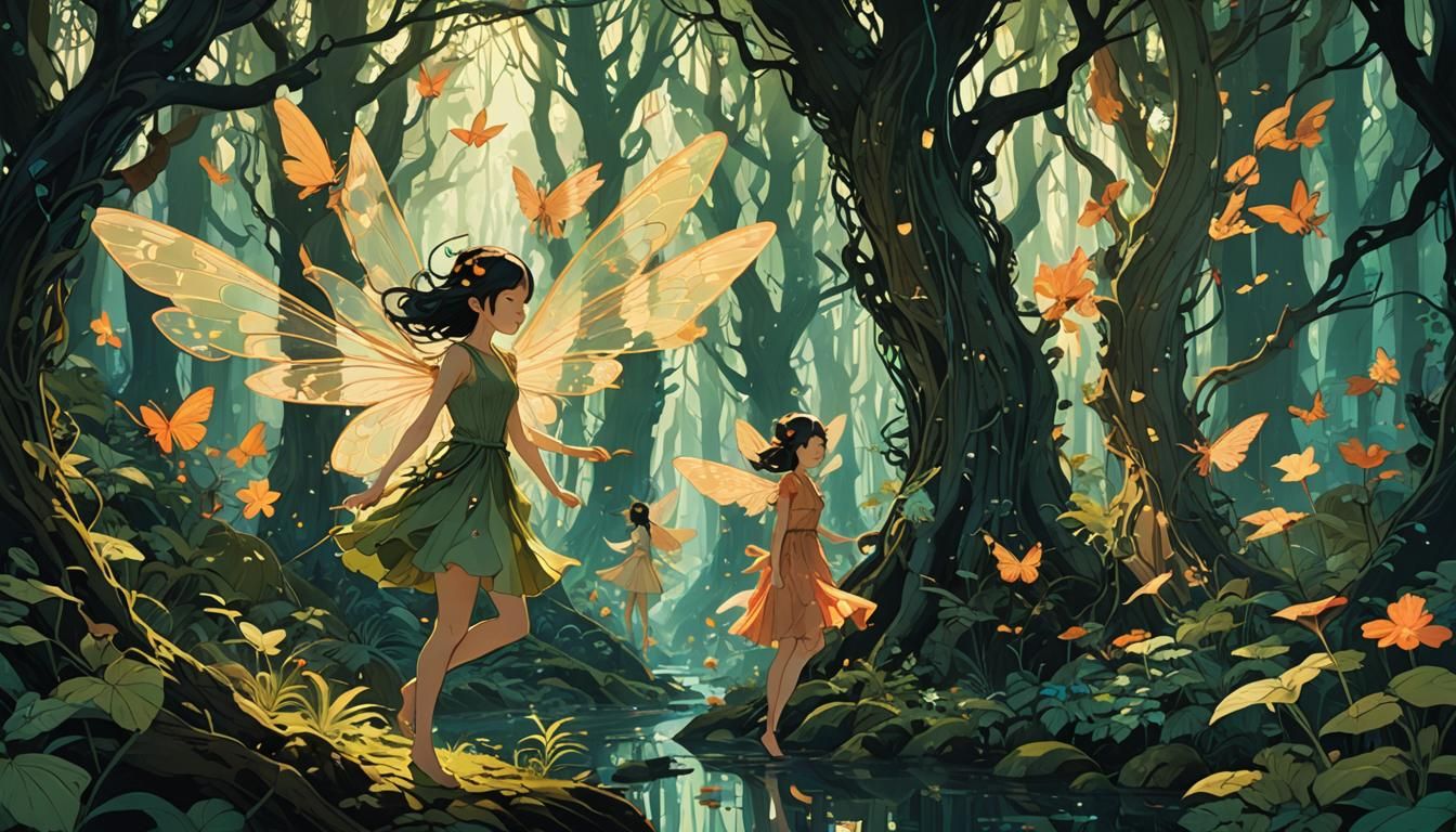 Fairies in Eldritch Forest: Double Exposure Anime Art