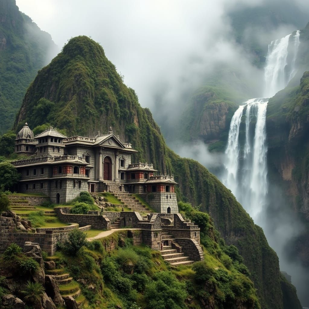 Mystical Inca Temple and Waterfall in Peru