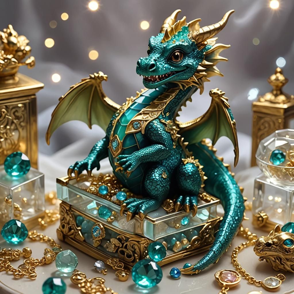 Miniature Teal Dragon in Glass Treasure Box