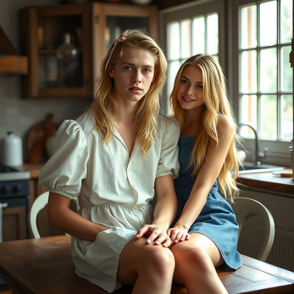 Androgynous Youth in Whimsical Pastel Dress with Elegant Gir...