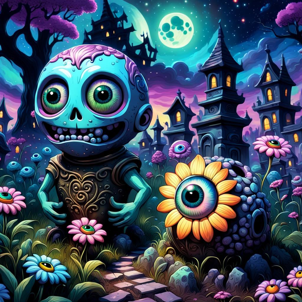 Psychedelic Chibi Urn with Eyeball Flowers