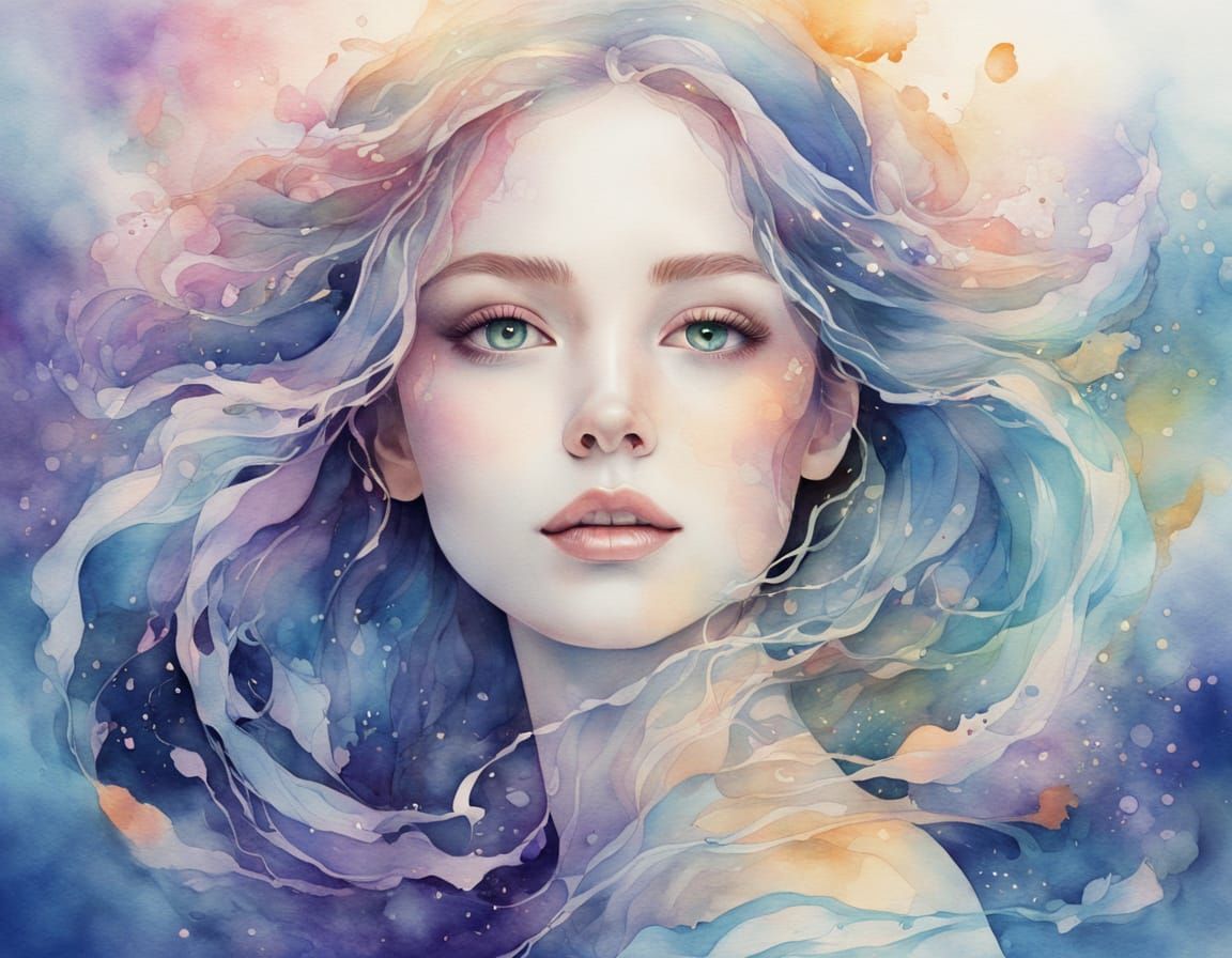 Pisces Woman in Dreamy Watercolor Portrait