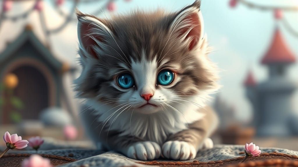 Whimsical Grey Kitten in Dreamy Fantasy World