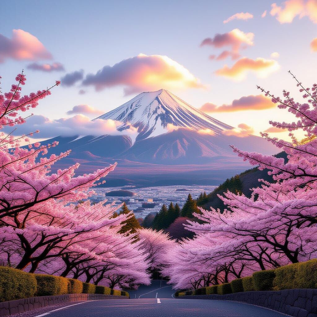 Mount Fuji Peak Above Clouds Amidst Sakura Bloom