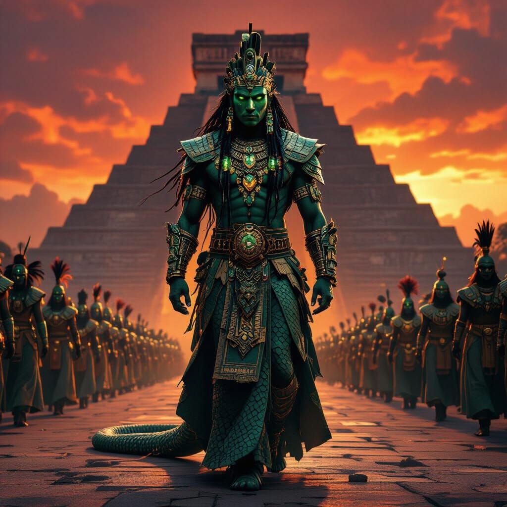Serpent King in Mayan Sunset, Cinematic Style