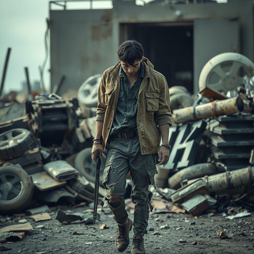 Worn Figure in Chaotic Dystopian Landscape