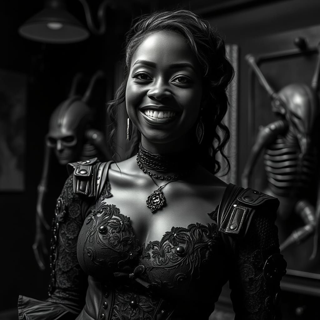 Gothic Woman in Biomechanical Setting, High-Contrast Photogr...