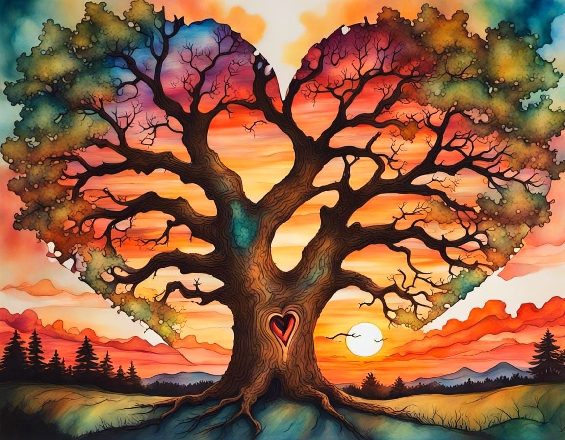 Heart Carved Oak Trees at Sunset in Alcohol Inks