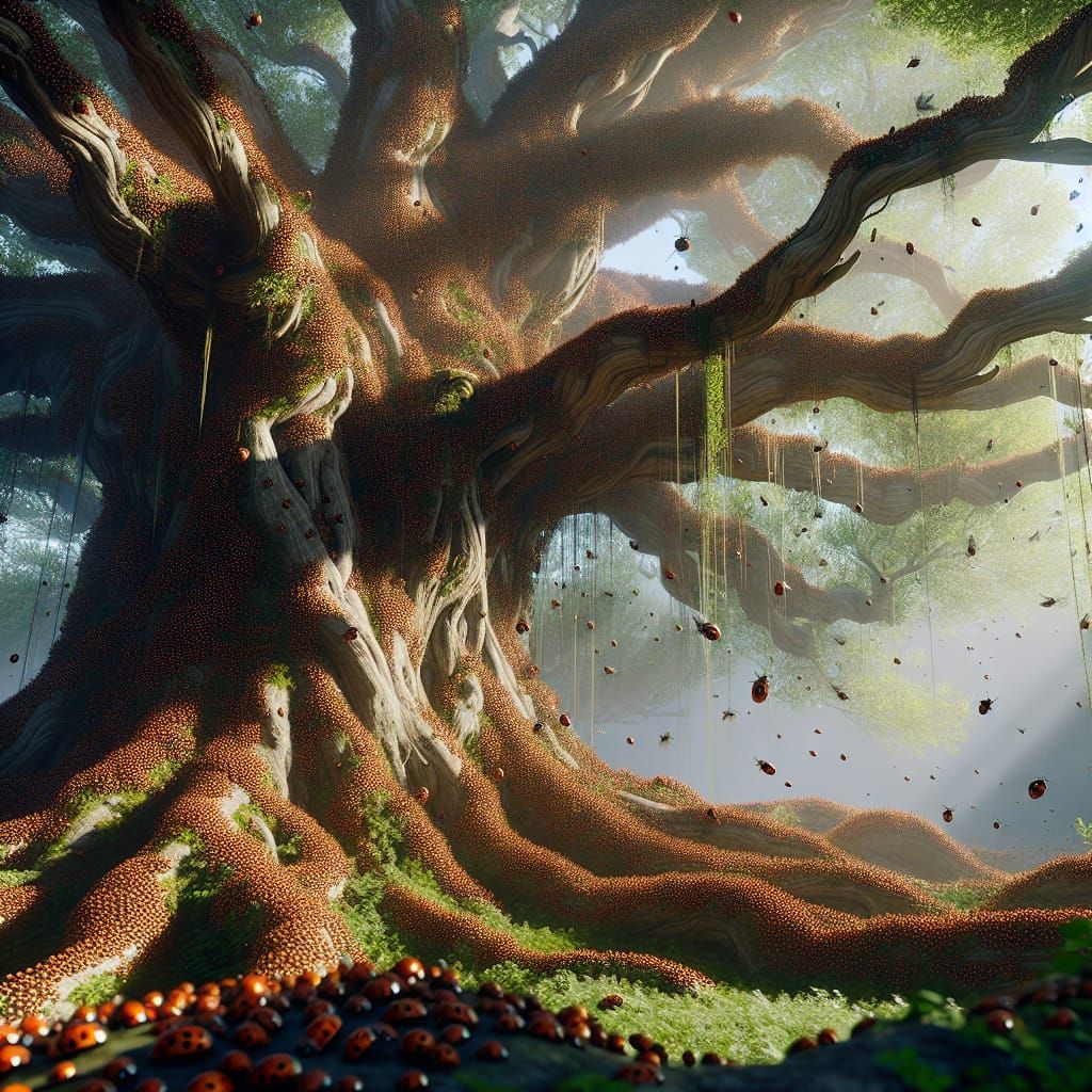 Ancient Tree in Whimsical Landscape with Ladybugs