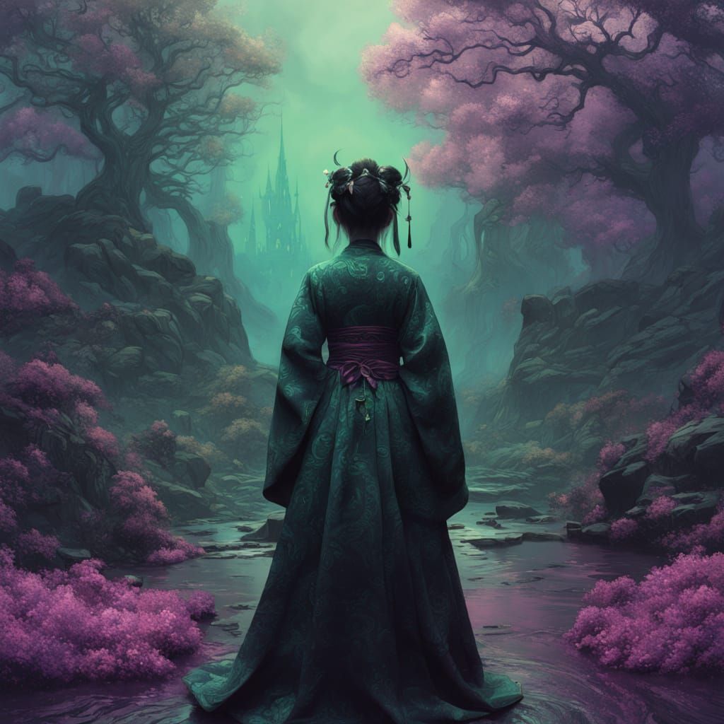 Goth Princess in Korean Hanbok, Dark Fantasy Portrait
