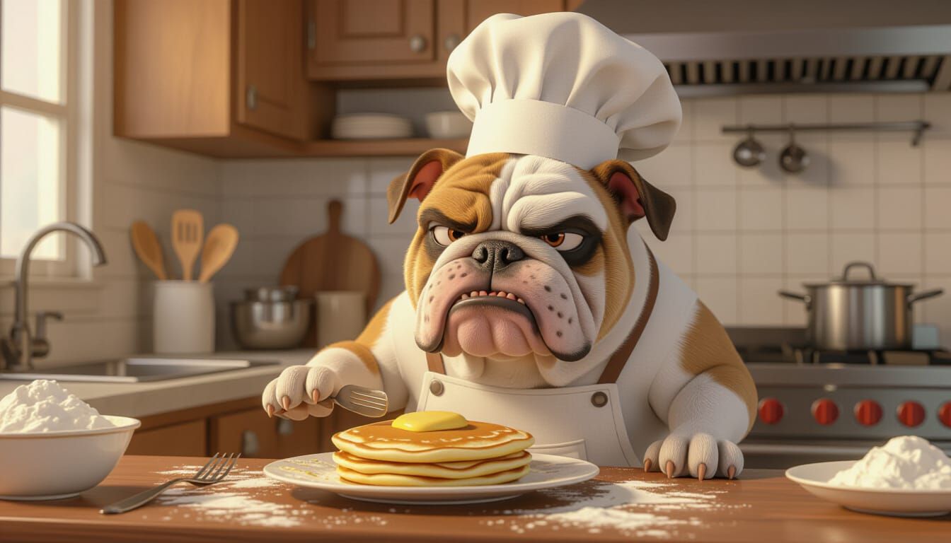 Grumpy Bulldog Chef Fails at Flipping Pancake