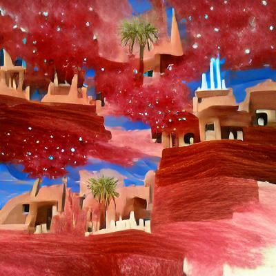 Surreal Desert City with Red Trees and Blue Lights