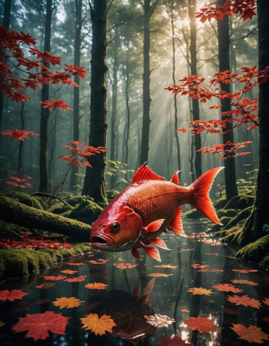 Shimmering Red Fish in Ethereal Forest
