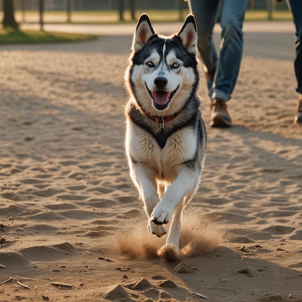 Hyperrealistic Husky Running in Golden Light