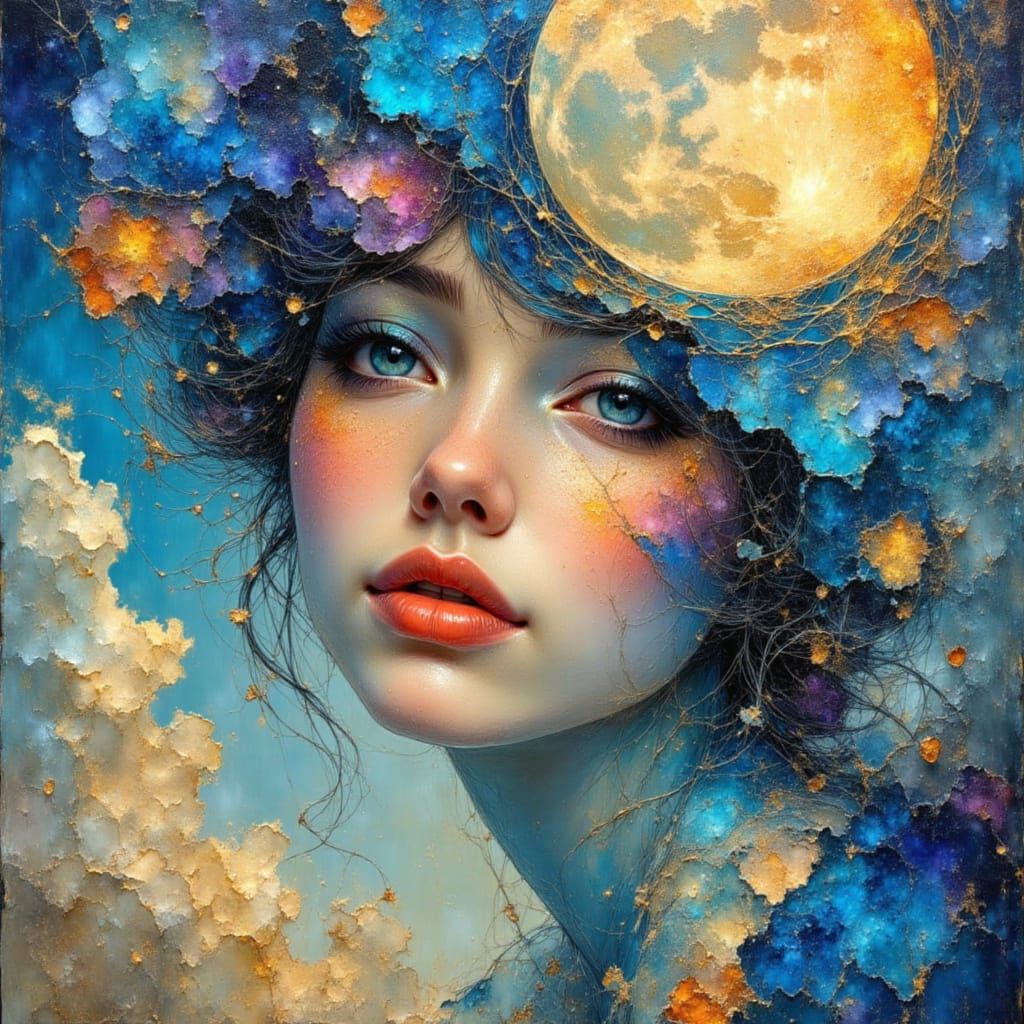 Surreal Oil Painting: Woman with Moon and Unicorns