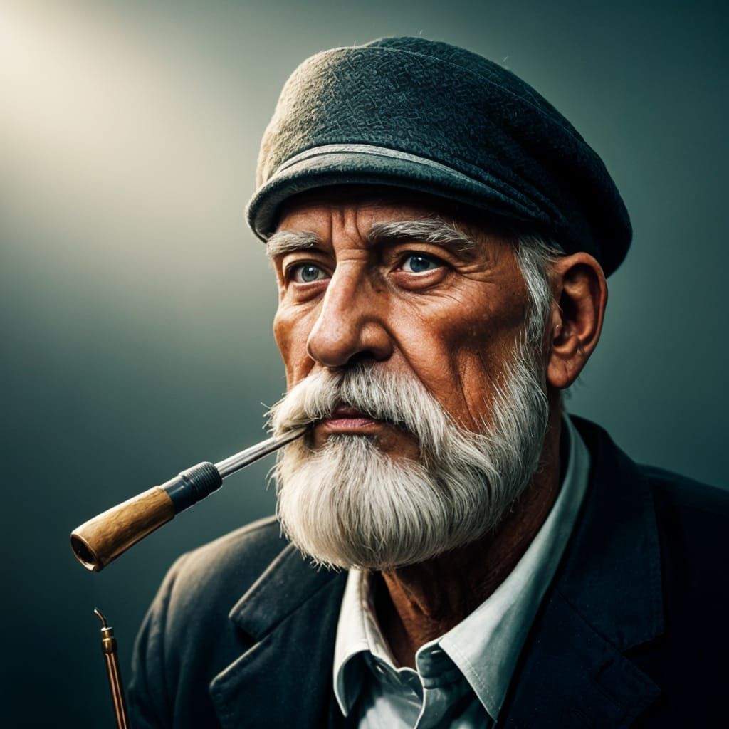 Exhausted Old Man Smoking Pipe in War Zone