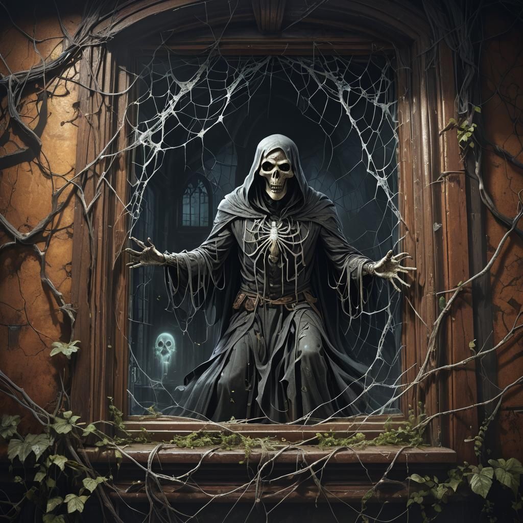 "A haunted house with cobwebs growing on the window and a gh...