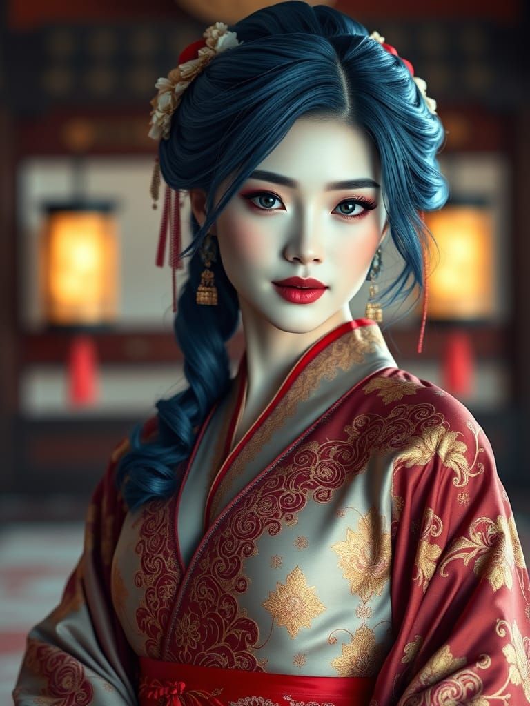 Japanese Goddess in Gold Embroidered Kanzashi Kimono