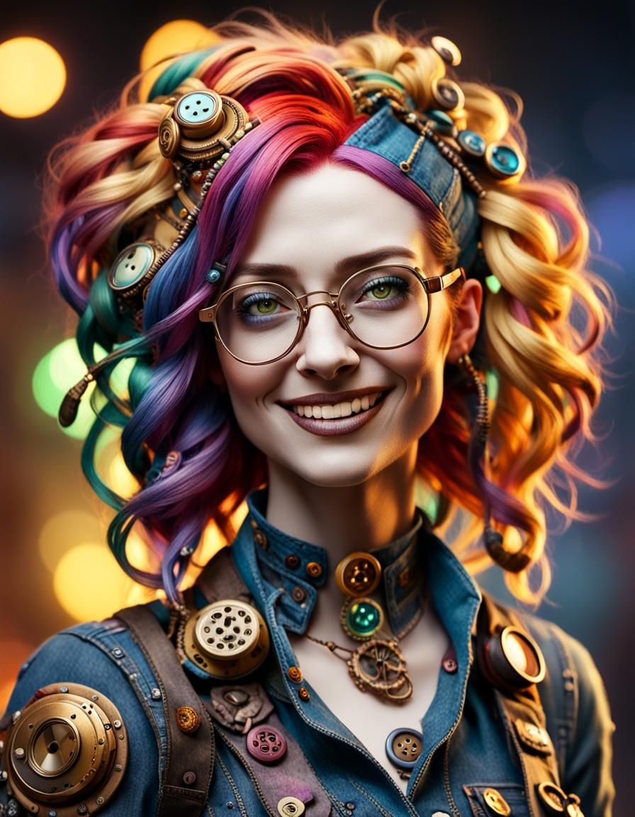 Steampunk Woman Portrait with Rainbow Hair and Glasses