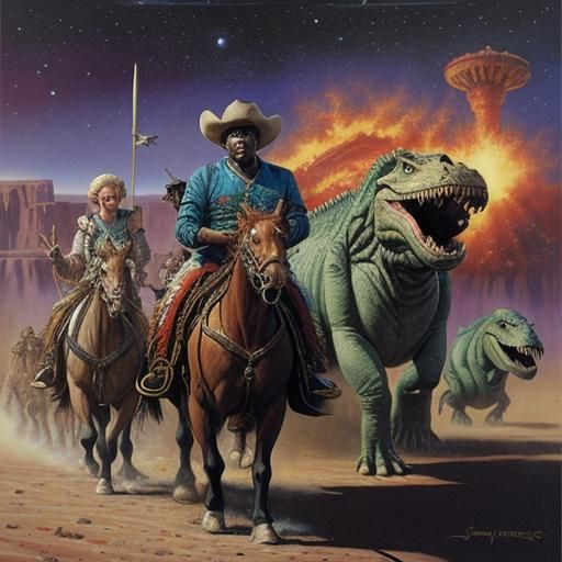 Dinosaurs in Space Opera: An Oil Painting