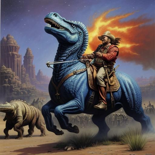 Dinosaurs in Space Opera: Gurney-Style Oil Painting