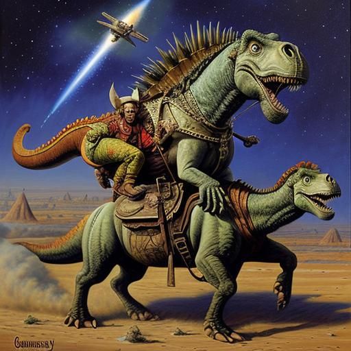 Space Opera Western with Dinosaurs, Oil Painting