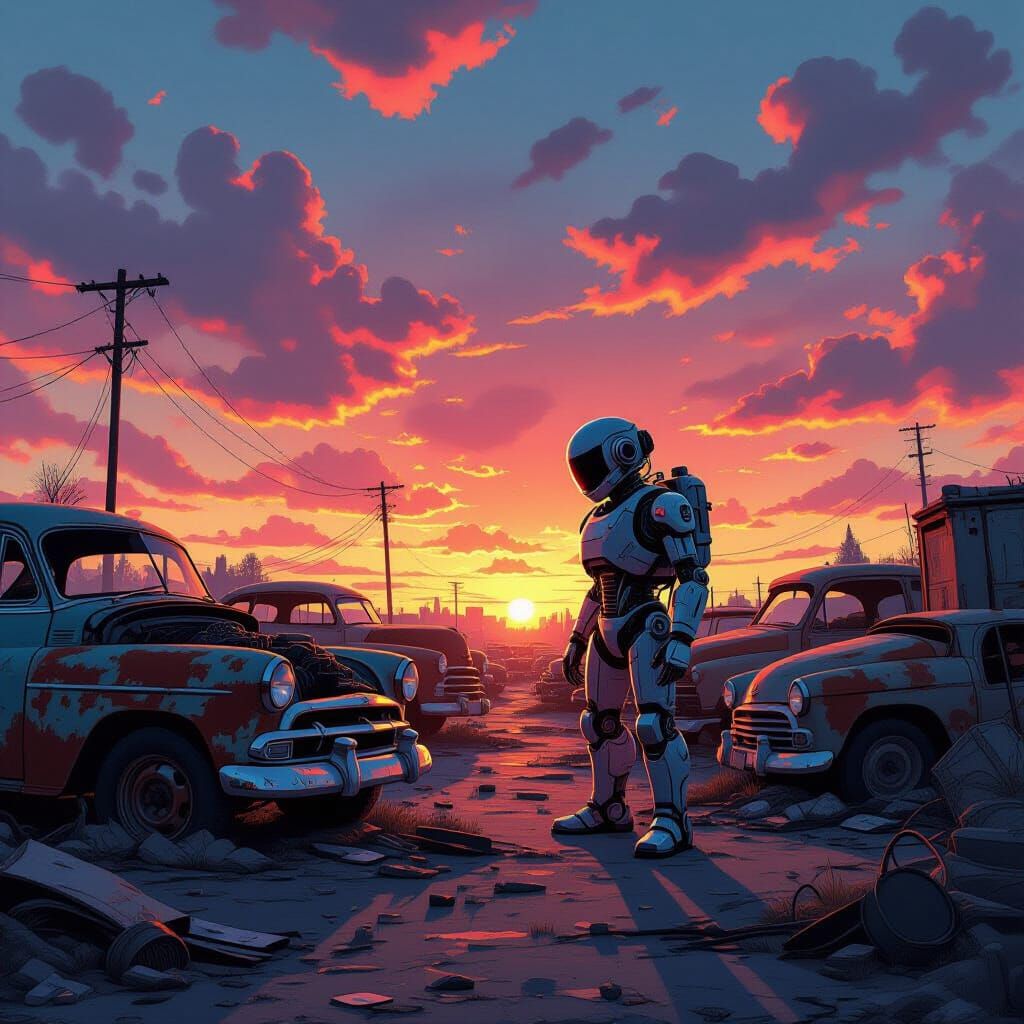 Robot Scavenger Exploring Junkyard in Post-Apocalyptic Style