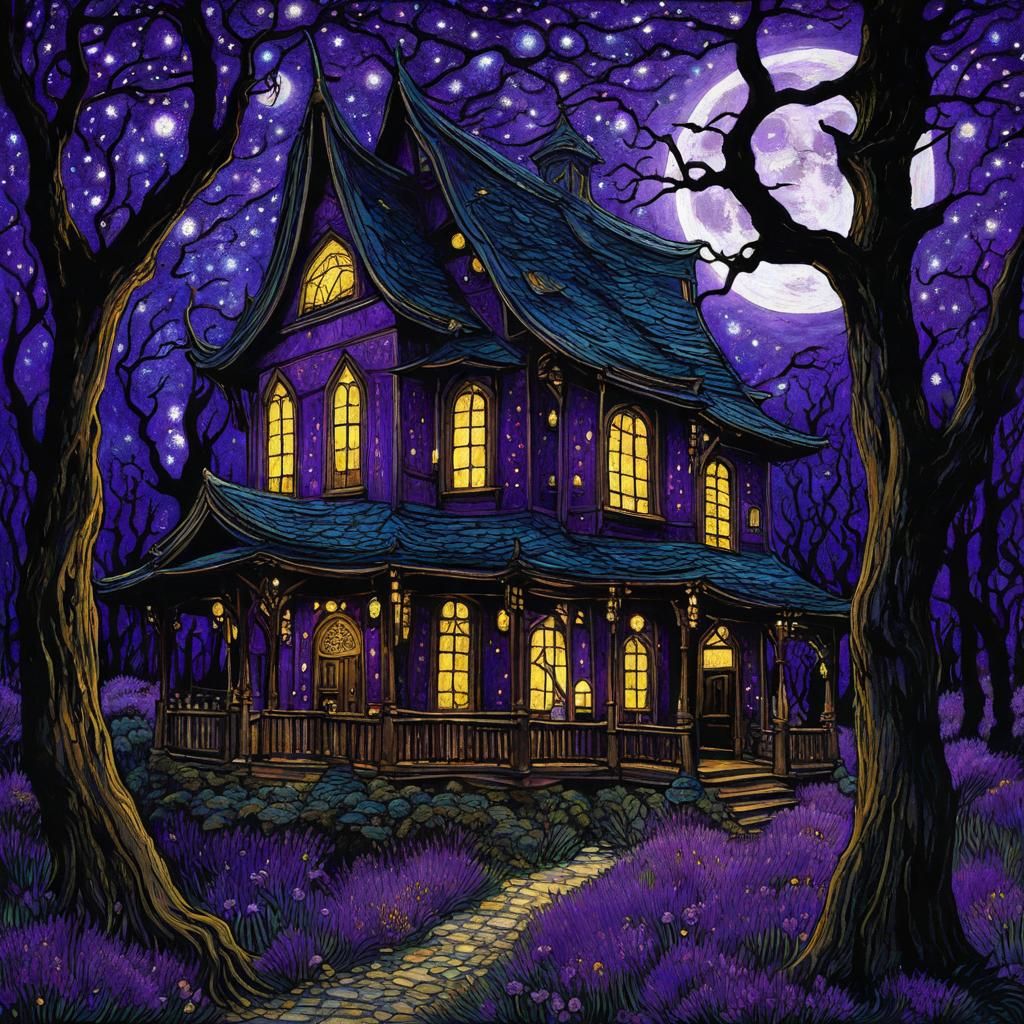 High Gothic Forest Under Starry Night, Impasto Style