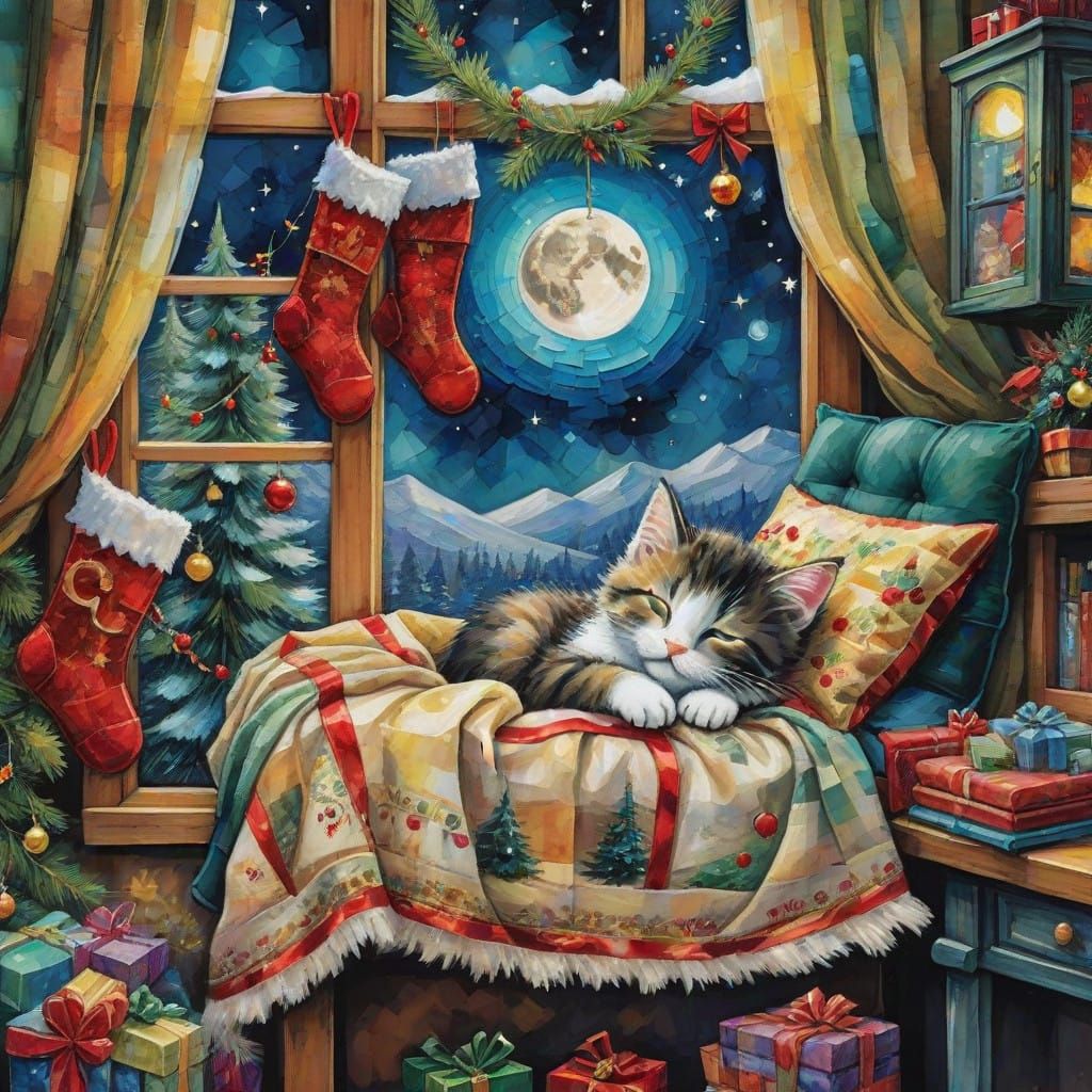 Whimsical Winter Wonderland Scene in Mixed Media