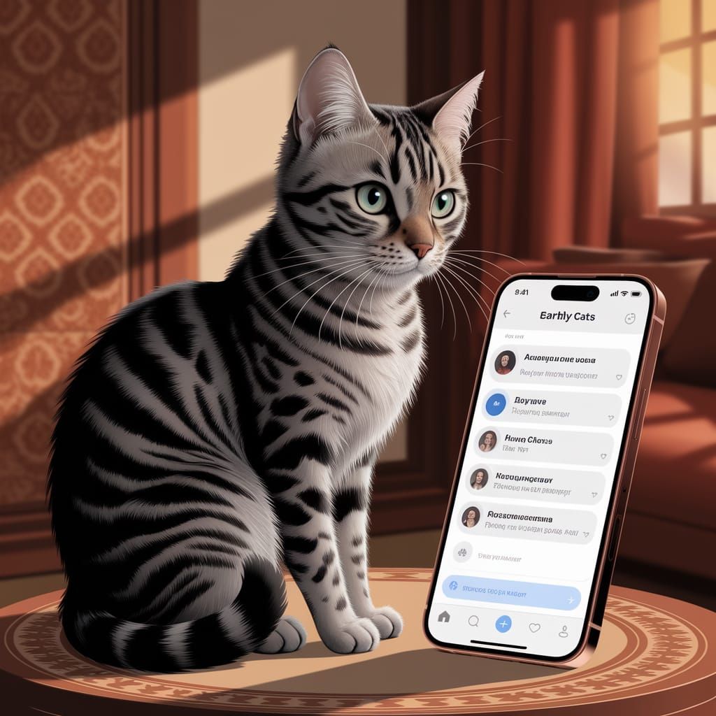 Elegant Cat in Traditional Russian Setting with Smartphone